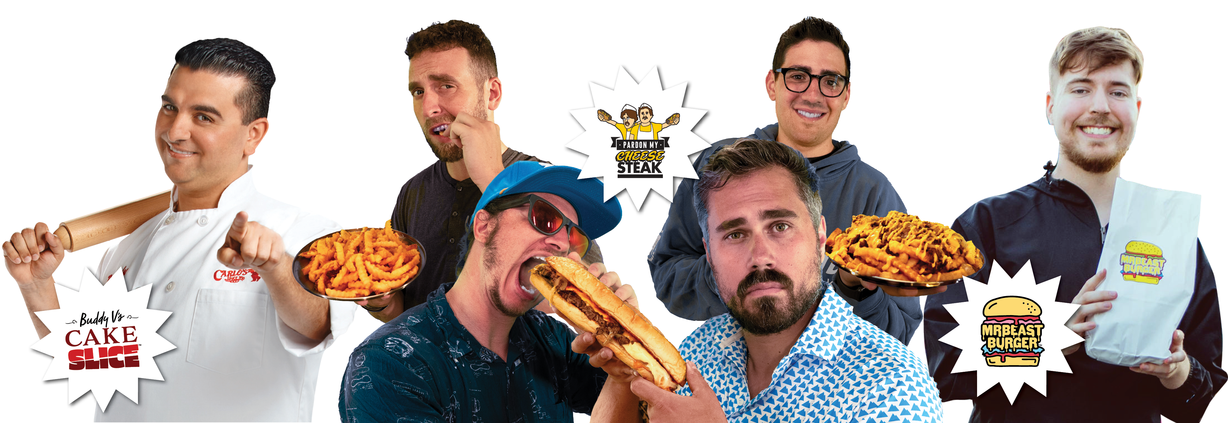 Buddy V, the Pardon My Take team, and MrBeast smiling and holding food.