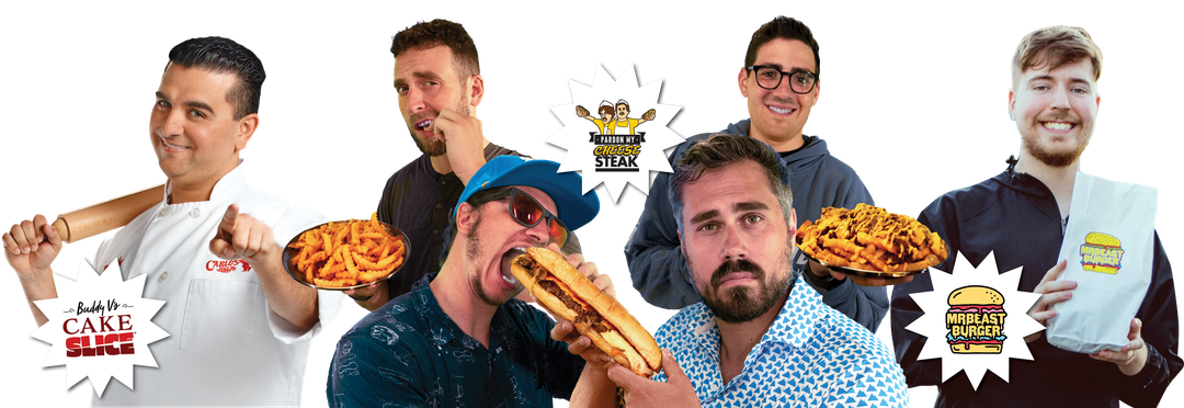 Buddy V, the Pardon My Take team, and MrBeast smiling and holding food.