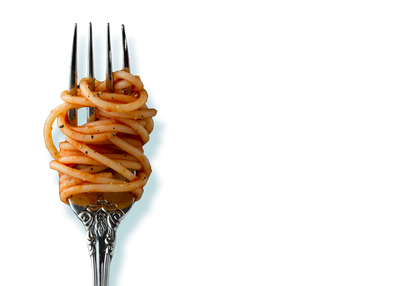 A fork with spaghetti on it.