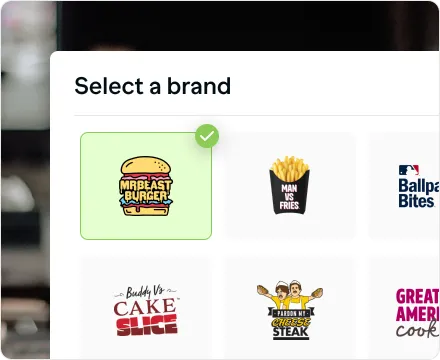 A page for selecting a brand from a list including major concepts like MrBeast Burger, Man Vs Fries, and Pardon My Cheesesteak.