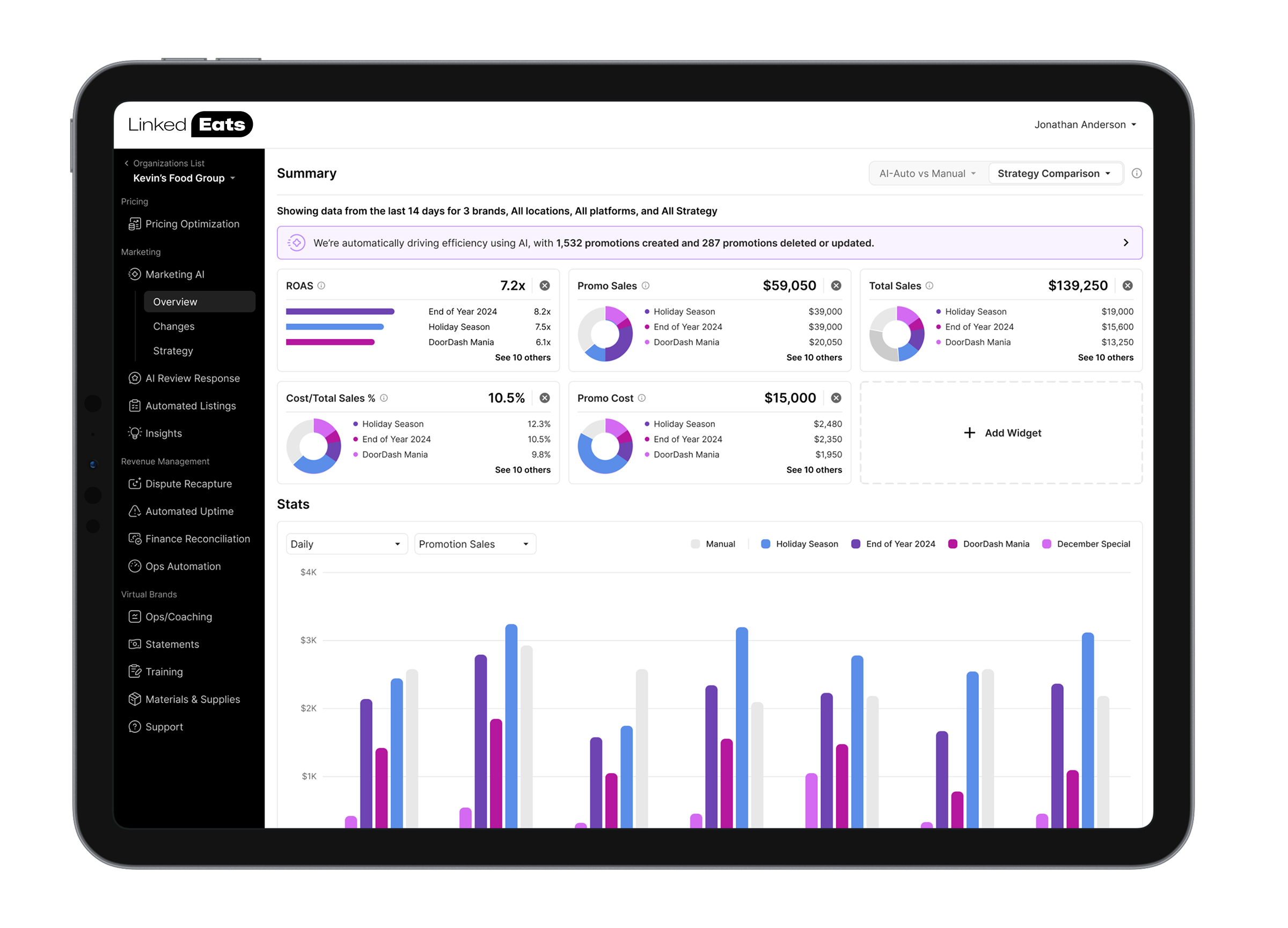 A tablet with Linked Eats software