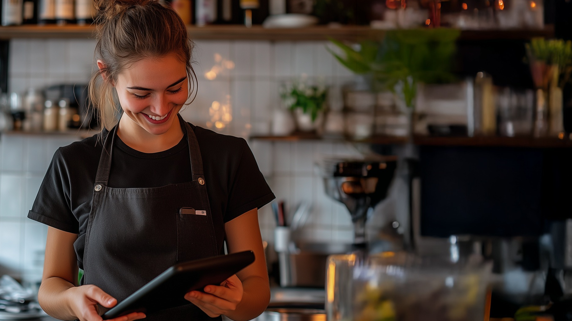 A woman in a kitchen using a tablet